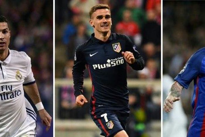 Cristiano Ronaldo (left), Antoine Griezmann and Lionel Messi will battle it out for the accolade of world player of the year