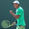 Ernesto Escobedo reacts during his match against Daniel Evans of Great Britain during day 3 of the Miami Open at Crandon Park Tennis Center on March 22, 2017