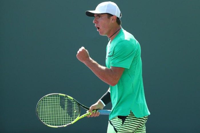 Ernesto Escobedo reacts during his match against Daniel Evans of Great Britain during day 3 of the Miami Open at Crandon Park Tennis Center on March 22, 2017