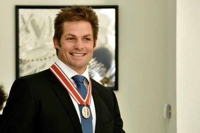 Former New Zealand All Blacks captain Richie McCaw speaks to the media after receiving the Order of New Zealand award, at Government House in Wellington, in April 2016