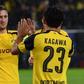 Dortmund's striker Marco Reus (L) and midfielder Shinji Kagawa celebrate during a Champions League football match against Legia Warsaw on November 22, 2016