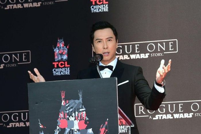 Martial arts actor Donnie gestures while speaking at his Hand and Foot prints ceremony in front of the TCL Chinese Theater on November 30, 2016 in Hollywood, California