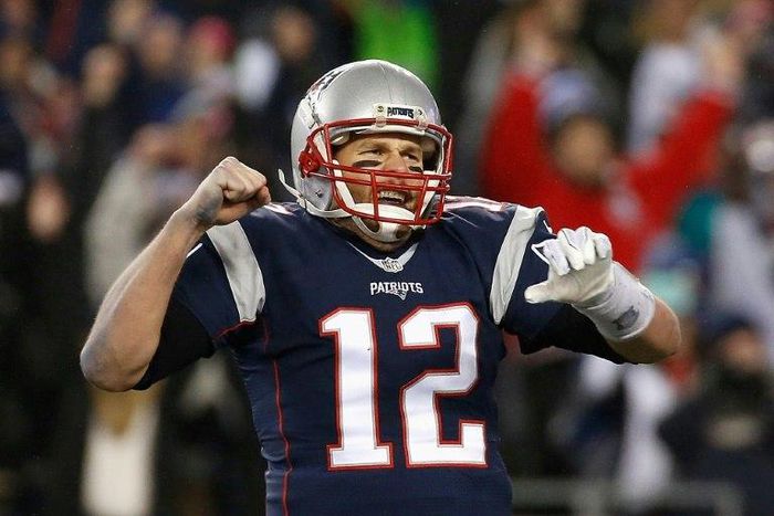 Tom Brady of the New England Patriots celebrates during the second half of their AFC championship game against the Pittsburgh Steelers, at Gillette Stadium in Foxboro, Massachusetts, on January 22, 2017