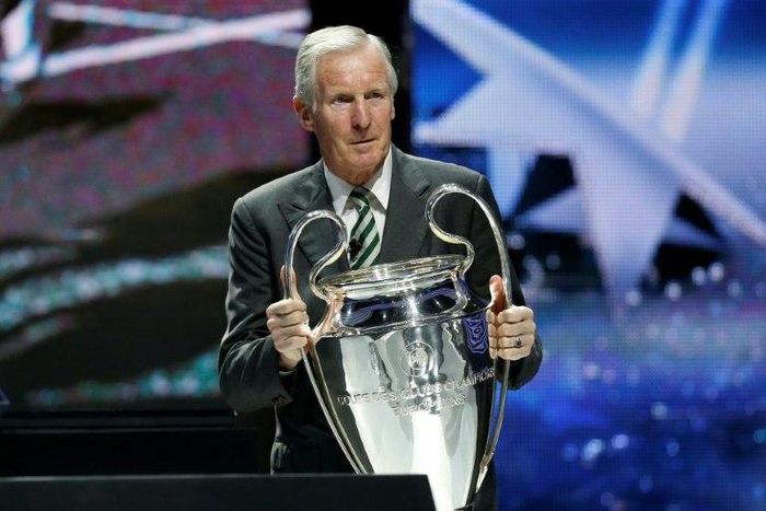 Billy McNeill holds the Champions League trophy during the 2013/14 group stage draw in Monaco