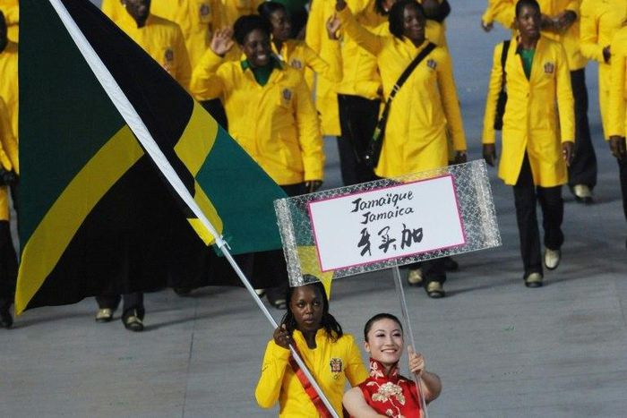 The Jamaican team is pictured at the 2008 Beijing Olympic Games opening ceremony