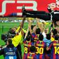 Pep Guardiola is thrown into the air by Barcelona players after winning the Champions League in 2011