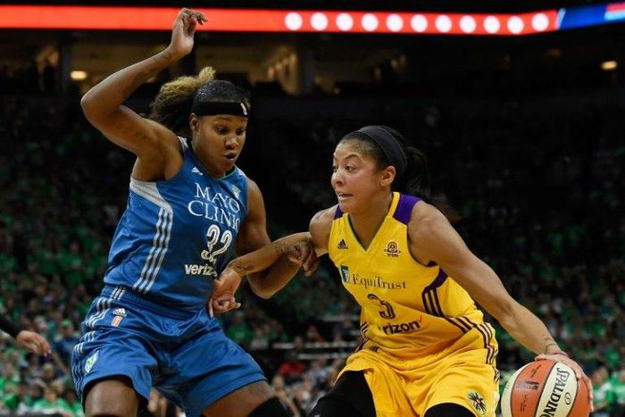 Rebekkah Brunson (R) of the Minnesota Lynx guards against Candace Parker of the Los Angeles Sparks during Game Five of the 2016 WNBA Finals, on October 20