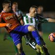 Birmingham City's English defender Mitch Hancox (left) vies with Blyth Spartans' English striker Daniel Maguire during their English FA Cup match in Blyth on January 3, 2015