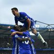 Chelsea's Cesar Azpilicueta (up) celebrates with teammates after Eden Hazard scores a goal during their English Premier League match against Manchester United, at Stamford Bridge in London, on October 23, 2016