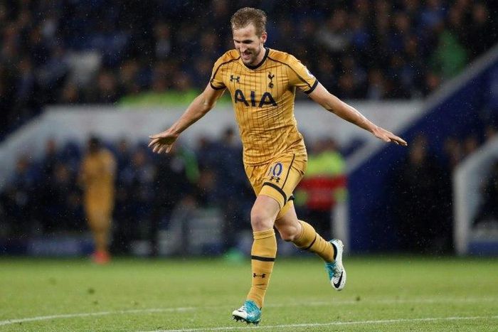 Tottenham Hotspur's Harry Kane celebrates scoring his third goal during their English Premier League football match against Leicester City in Leicester, central England on May 18, 2017