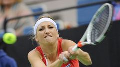 Switzerland's Timea Bacsinszky returns the ball to Belarus' Aryna Sabalenka during the semi-finals of the Fed Cup tennis competition between Belarus and Switzerland in Minsk on April 22, 2017