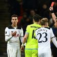 Portuguese referee Jorge Sousa shows a straight red card to Tottenham Hotspur's Dele Alli (left) during their Europa League match against Gent at Wembley Stadium in north London, on February 23, 2017
