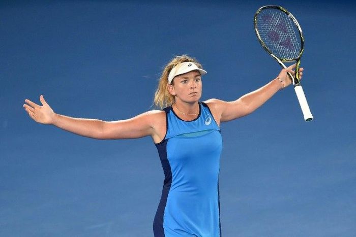 Coco Vandeweghe of the US celebrates her victory against Canada's Eugenie Bouchard after their Australian Open third round match, in Melbourne on January 20, 2017