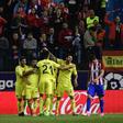 Villarreal's players celebrate after midfielder Roberto Soriano scored during the Spanish league football match against Atletico Madrid April 25, 2017