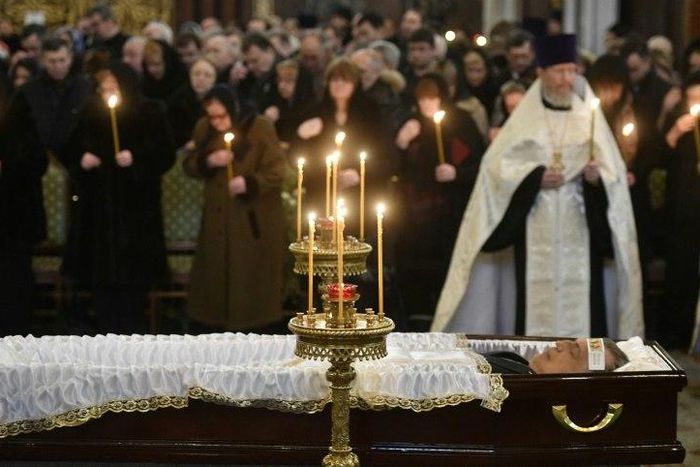 The casket of slain Russian ambassador to Turkey Andrei Karlov is pictured during his funeral ceremony in Moscow on December 22, 2016