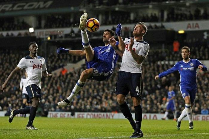 Chelsea's striker Diego Costa (2nd L) attempts a bicycle kick during the English Premier League football match against Tottenham Hotspur at White Hart Lane in London, on January 4, 2017