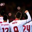 Sevilla's Luciano Vietto celebrates a goal with teammates during a match against Malaga CF at the Ramon Sanchez Pizjuan stadium in Sevilla on December 17, 2016