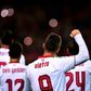 Sevilla's Luciano Vietto celebrates a goal with teammates during a match against Malaga CF at the Ramon Sanchez Pizjuan stadium in Sevilla on December 17, 2016