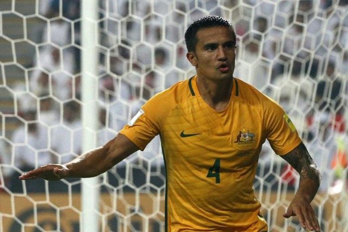 Australia's veteran talisma Tim Cahill celebrates after scoring a goal during their 2018 World Cup Asia qualifying match against United Arab Emirates, at the Mohammed Bin Zayed Stadium in Abu Dhabi, on September 6, 2016