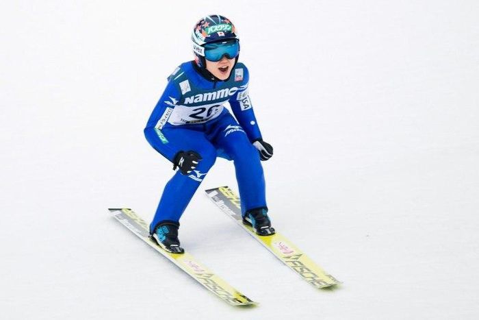 Yuki Ito from Japan reacts after winning the Women's Large Hill Individual ski jumping event of the FIS Nordic Combined World Cup at the Holmenkollen in Oslo, Norway, on March 12, 2107