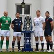 L-R: Sergio Parisse of Italy, Rory Best of Ireland, Greig Laidlaw of Scotland, Dylan Hartley of England, Guilhem Guirado of France and Alun Wyn Jones of Wales pose with the Six Nations trophy on January 25, 2017