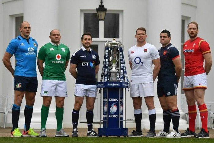 L-R: Sergio Parisse of Italy, Rory Best of Ireland, Greig Laidlaw of Scotland, Dylan Hartley of England, Guilhem Guirado of France and Alun Wyn Jones of Wales pose with the Six Nations trophy on January 25, 2017