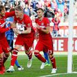 Bastian Schweinsteiger (C) of Chicago Fire celebrates after scoring a goal in the first half during their MLS match against the Montreal Impact, at Toyota Park in Bridgeview, Illinois, on April 1, 2017