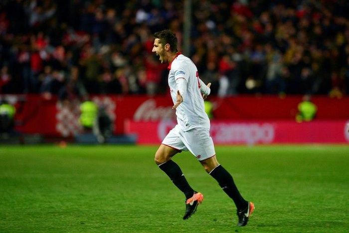 Sevilla's forward Stevan Jovetic celebrates after scoring their 2-1 victory goal during the Spanish league football match Sevilla FC vs Real Madrid CF at the Ramon Sanchez Pizjuan stadium in Sevilla on January 15, 2017