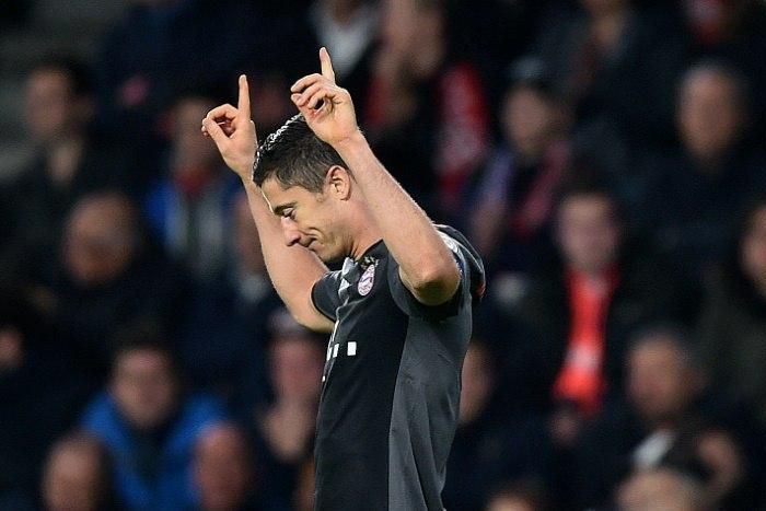 Bayern Munich's Robert Lewandowski celebrates after scoring a second goal against Eindhoven on November 1, 2016
