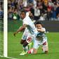 Olympique de Marseille French defender Patrice Evra (2nd R) scores the second goal during the French L1 football match between Olympique of Marseille and Nice at the Velodrome stadium in Marseille, on May 7, 2017