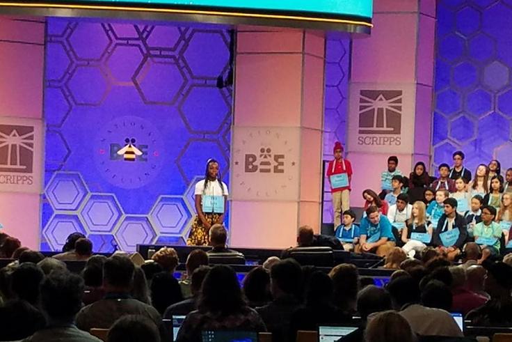 Lily Tugbah spelling her word at the Scribbs National Spelling Bee.