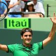 Roger Federer celebrates victory against Rafael Nadal in the final of the Miami Open on April 2, 2017
