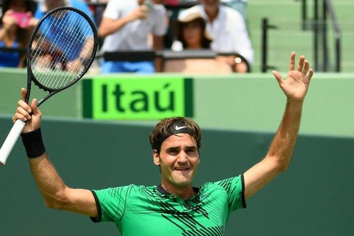 Roger Federer celebrates victory against Rafael Nadal in the final of the Miami Open on April 2, 2017
