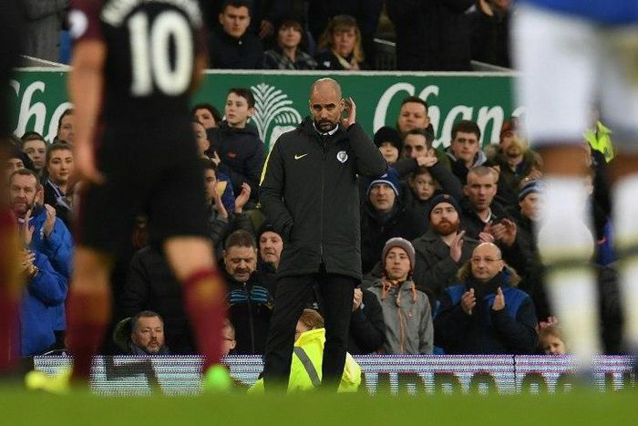 Manchester City's manager Pep Guardiola reacts during the English Premier League football match between Everton and Manchester City at Goodison Park in Liverpool, north-west England on January 15, 2017