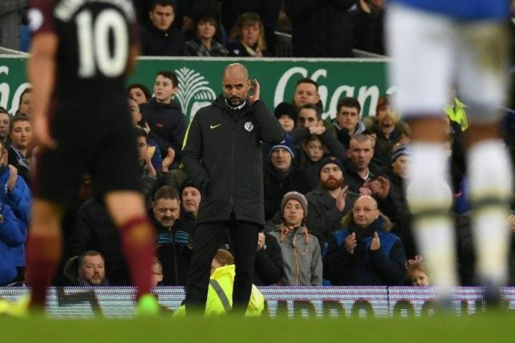 Manchester City's manager Pep Guardiola reacts during the English Premier League football match between Everton and Manchester City at Goodison Park in Liverpool, north-west England on January 15, 2017