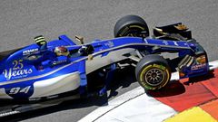 Sauber's German driver Pascal Wehrlein steers his car during the first practice session of the Formula One Russian Grand Prix at the Sochi Autodrom circuit in Sochi on April 28, 2017