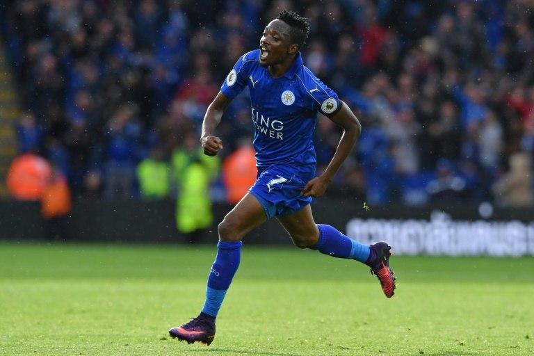 Leicester City's midfielder Ahmed Musa celebrates after scoring the opening goal of the English Premier League football match between Leicester City and Crystal Palace at King Power Stadium in Leicester, central England on October 22, 2016