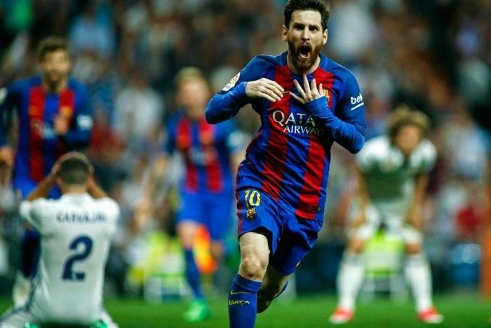 Barcelona's forward Lionel Messi celebrates after scoring on April 23, 2017