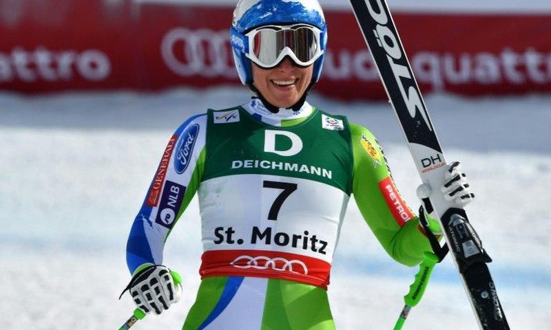 Slovenia's Ilka Stuhec reacts in the finish area of the women's downhill race at the 2017 FIS Alpine World Ski Championships in St Moritz on February 12, 2017