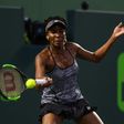 Venus Williams of the US hits a forehand during her Miami Open quarter-final match against Angelique Kerber of Germany, at Crandon Park Tennis Center in Key Biscayne, Florida, on March 29, 2017