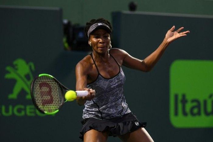 Venus Williams of the US hits a forehand during her Miami Open quarter-final match against Angelique Kerber of Germany, at Crandon Park Tennis Center in Key Biscayne, Florida, on March 29, 2017