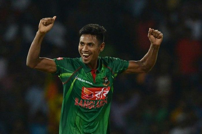 Bangladesh cricketer Mustafizur Rahman celebrates after dismissing Sri Lankan cricketer Chamara Kapugedera during their second T20 match against Sri Lanka in Colombo on April 6, 2017
