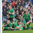 Lincoln City's Sean Raggett celebrates with teammates after scoring during the English FA Cup fifth round match against Burnley at Turf moor stadium on February 18, 2017