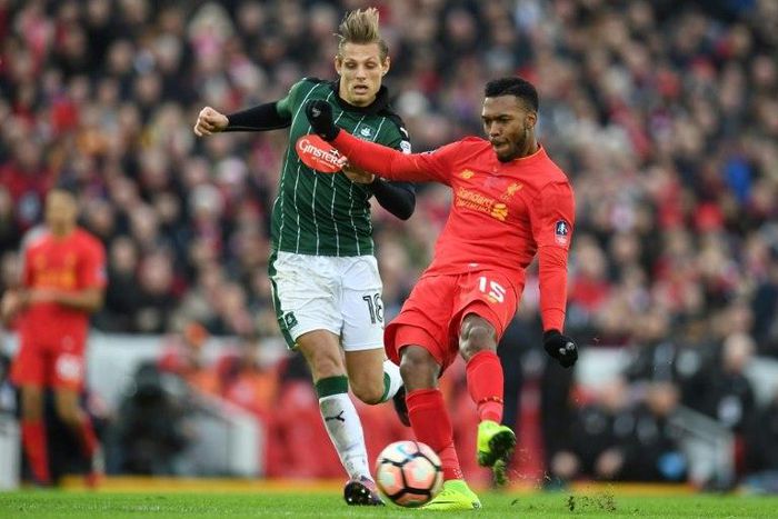 Liverpool's Daniel Sturridge (right) in action against Plymouth Argyle during their English FA Cup third-round match at Anfield, on January 8, 2017