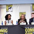 Director Luc Besson, producer Virginie Besson-Silla, actors Cara Delevingne and Dane DeHaan attend the "Valerian And The City Of A Thousand Planets" panel during Comic-Con July 21, 2016