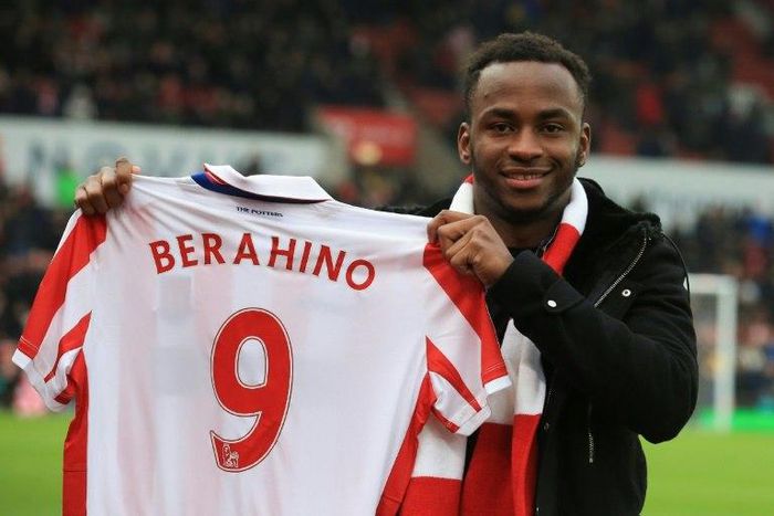 Saido Berahino poses with his Stoke City jersey at the Bet365 Stadium in Stoke-on-Trent on January 21, 2017