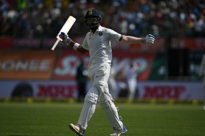 India's Lokesh Rahul celebrates victory on the fourth day of their fourth and final Test match against Australia, at The Himachal Pradesh Cricket Association Stadium in Dharamsala, on March 28, 2017