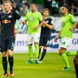 Emil Forsberg (left) groans after failing to convert a penalty for Leipzig at Wolfsburg on October 16, 2016