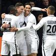 Paris Saint-Germain's Julian Draxler (2nd L) celebrates with teammates after scoring against Rennes on January 14, 2017 at the Roazhon park stadium in Rennes, western France
