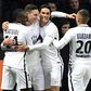 Paris Saint-Germain's Julian Draxler (2nd L) celebrates with teammates after scoring against Rennes on January 14, 2017 at the Roazhon park stadium in Rennes, western France